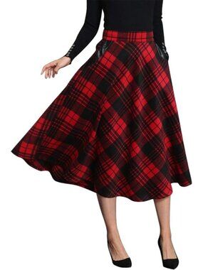 Plaid Wool A-Line Skirt for Women | Elastic Waist, Pleated Tartan Long Skirt